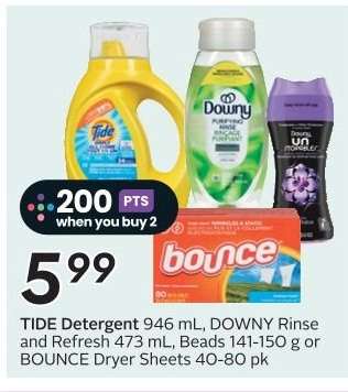 TIDE Detergent, DOWNY Rinse and Refresh, Beads, BOUNCE Dryer Sheets