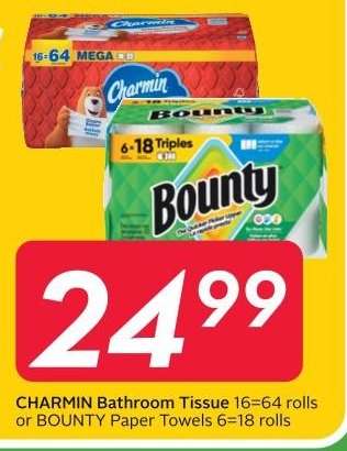CHARMIN BATHROOM TISSUE or BOUNTY PAPER TOWELS