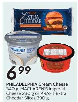PHILADELPHIA Cream Cheese, MACLAREN'S Imperial Cheese, KRAFT Extra Cheddar Slices