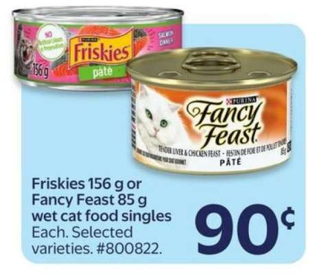 Friskies 156 g or Fancy Feast 85 g wet cat food singles