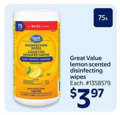 Great Value lemon scented disinfecting wipes