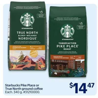 Starbucks Pike Place or True North ground coffee