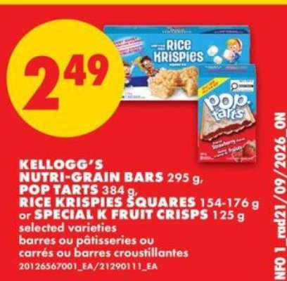 Kellogg's Nutri-Grain Bars, Pop-Tarts, Rice Krispies Squares, Special K Fruit Crisps