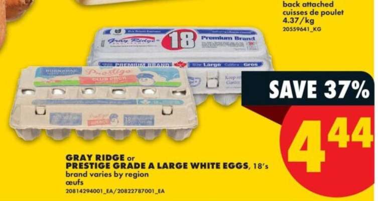 GRAY RIDGE or PRESTIGE GRADE A LARGE WHITE EGGS, 18's