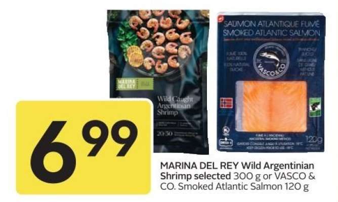 MARINA DEL REY Wild Argentinian Shrimp or VASCO & CO. Smoked Atlantic Salmon