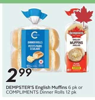 DEMPSTER'S English Muffins or COMPLIMENTS Dinner Rolls