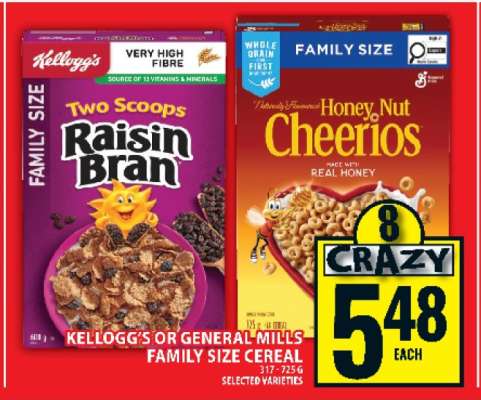 KELLOGG'S or GENERAL MILLS Family Size Cereal