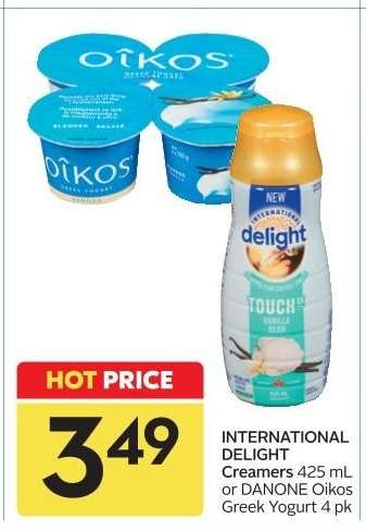 INTERNATIONAL DELIGHT Creamers 425 mL or DANONE Oikos Greek Yogurt 4 pk