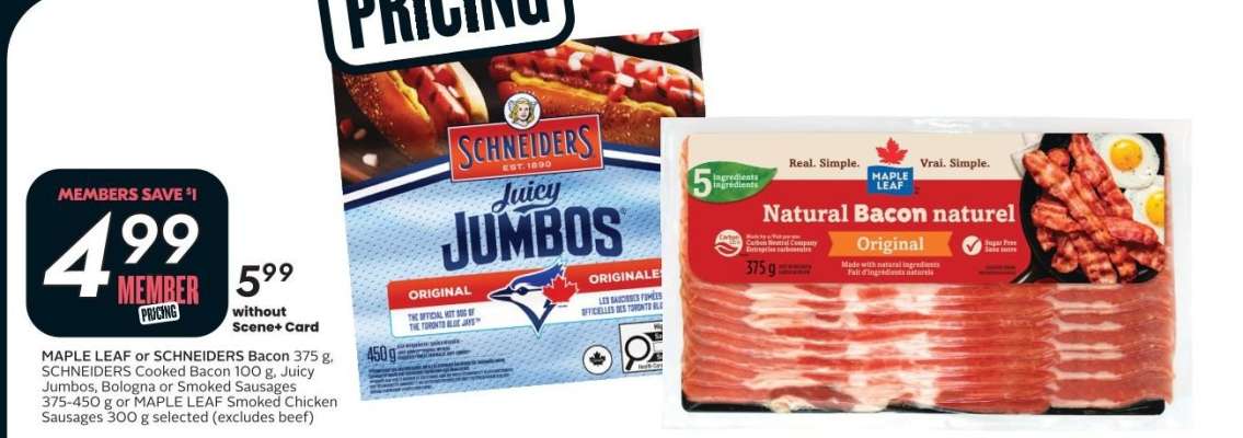 MAPLE LEAF or SCHNEIDERS BACON, 375 g