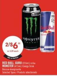 RED BULL, GURU or MONSTER Energy Drink