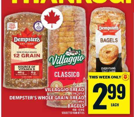 Villaggio Bread, Dempster's Whole Grain Bread, Bagels