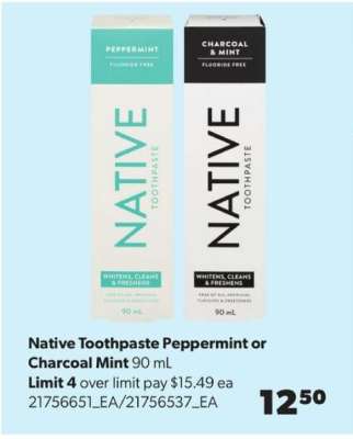 Native Toothpaste Peppermint or Charcoal Mint