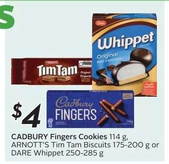 CADBURY Fingers Cookies, ARNOTT'S Tim Tam Biscuits, DARE Whippet