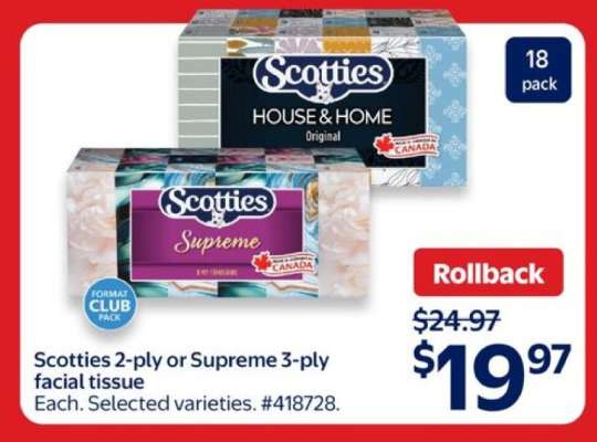 Scotties 2-ply or Supreme 3-ply facial tissue