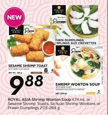 ROYAL ASIA Shrimp Wonton Soup or Sesame Shrimp Toasts, Sichuan Shrimp Wontons or Prawn Dumplings