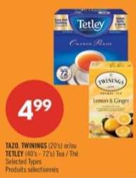 TAZO, TWININGS (20's) or/or TETLEY (40's - 72's) Tea