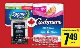 Cashmere Bathroom Tissue, Sponge Towels Ultra, Scotties Facial Tissue