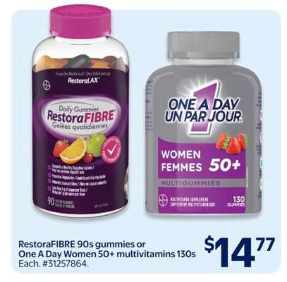 RestoraFIBRE 90s gummies or One A Day Women 50+ multivitamins 130s