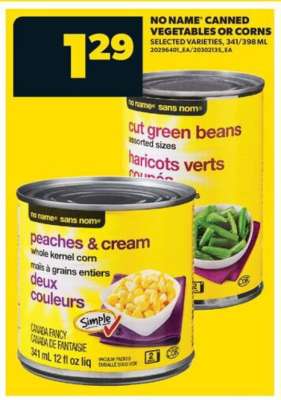 No Name Canned Vegetables or Corns