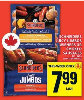 SCHNEIDERS JUICY JUMBOS WIENERS OR SMOKED SAUSAGES