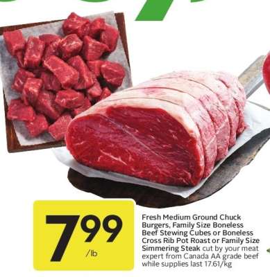 Fresh Medium Ground Chuck Burgers, Family Size Boneless Beef Stewing Cubes or Boneless Cross Rib Pot Roast or Family Size Simmering Steak