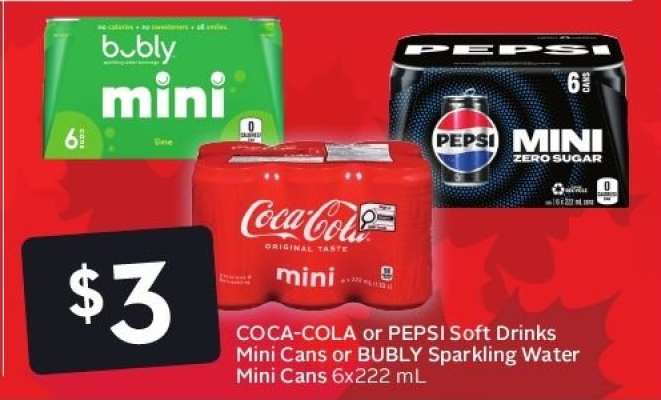 COCA-COLA or PEPSI Soft Drinks Mini Cans or BUBLY Sparkling Water Mini Cans