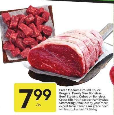 Fresh Medium Ground Chuck Burgers, Family Size Boneless Beef Stewing Cubes or Boneless Cross Rib Pot Roast or Family Size Simmering Steak