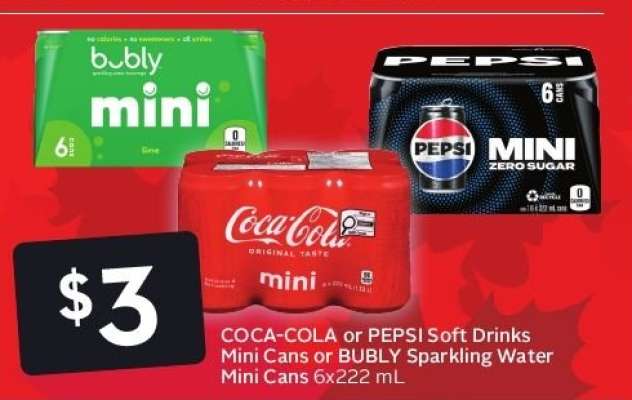 COCA-COLA or PEPSI Soft Drinks Mini Cans or BUBLY Sparkling Water Mini Cans