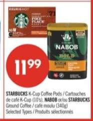 STARBUCKS K-Cup Coffee Pods / Cartouches de café K-Cup (10's), NABOB or/ou STARBUCKS Ground Coffee / café moulu (340g)