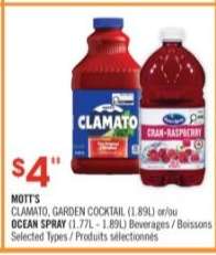 MOTT'S CLAMATO, GARDEN COCKTAIL (1.89L) or/ou OCEAN SPRAY (1.77L - 1.89L)