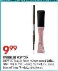 MAYBELLINE NEW YORK BROW ULTRA SLIM Pencil or L'ORÉAL INFALLIBLE GLOSS Lip Gloss