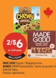 MADE GOOD Organic / Biologique or/ou QUAKER CHEWY Granola Bars
