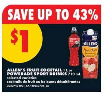 ALLEN'S FRUIT COCKTAIL or POWERADE SPORT DRINKS