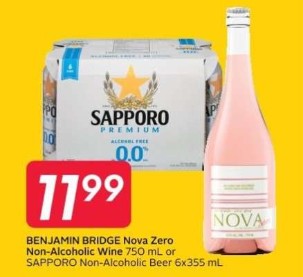BENJAMIN BRIDGE Nova Zero Non-Alcoholic Wine or SAPPORO Non-Alcoholic Beer