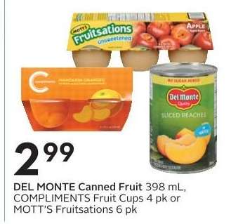 DEL MONTE Canned Fruit 398 mL, COMPLIMENTS Fruit Cups 4 pk or MOTT'S Fruitsations 6 pk