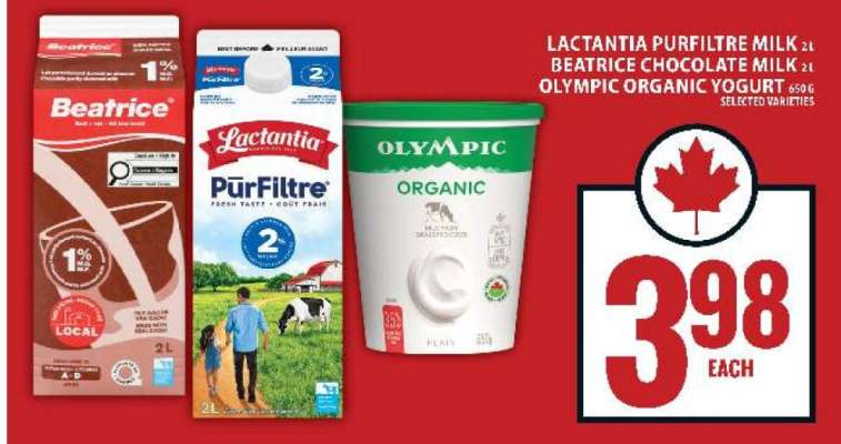 Lactantia PurFiltre Milk, Beatrice Chocolate Milk, Olympic Organic Yogurt