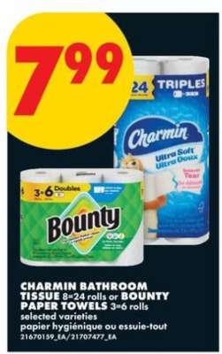 CHARMIN BATHROOM TISSUE or BOUNTY PAPER TOWELS