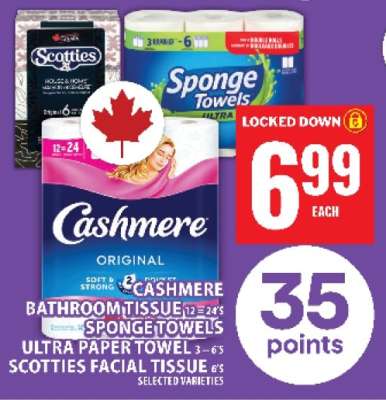 Cashmere Bathroom Tissue, Sponge Towels, Ultra Paper Towel, Scotties Facial Tissue